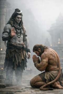 Lord Shiva and Hanuman, Divine Encounter in Misty Temple Setting