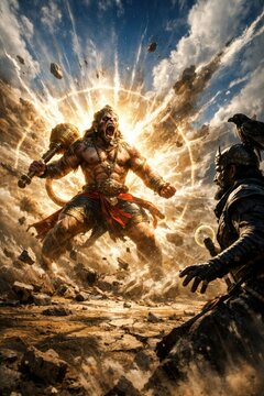 Mighty Hanuman in Furious Battle with Fierce Warrior