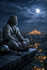 Hanuman Sitting on Rooftop at Night with Full Moon and Cityscape