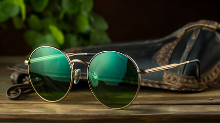 Stylish green-tinted sunglasses with gold frame on wooden table