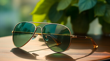 Stylish green-tinted sunglasses with gold frame on wooden table