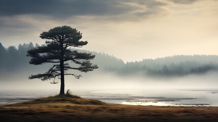 Tall Pine Tree Alone in a Foggy Meadow