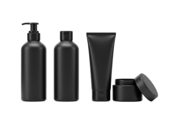 Four unbranded matte black plastic cosmetic containers (pump, squeeze, tube, open jar) on a glossy reflective white surface, transparent background, copy space, concept for premium product