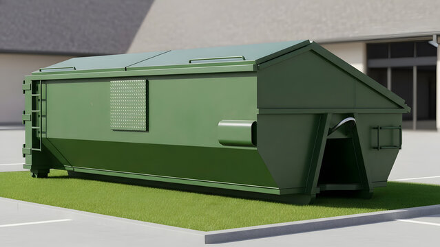 Large green commercial dumpster in parking lot setting | Industrial roll-off container for construction waste disposal | Modern dark green metal skip bin rendered 3D image 