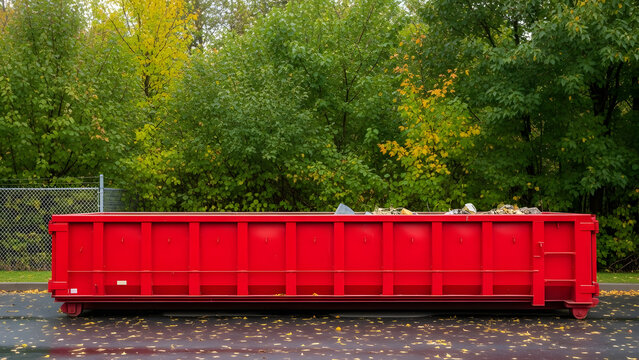 Large bright red roll-off dumpster container for construction debris | Autumn waste management solutions on wet asphalt pavement | Commercial junk removal bin against green and yellow foliage