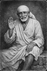 Fototapeta premium Black and White Portrait of Sai Baba Blessing Devotees with Raised Hand
