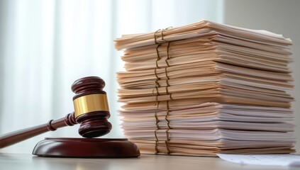 A gavel rests on a desk beside a large stack of paperwork, symbolizing law, justice, and legal proceedings in a professional environment.