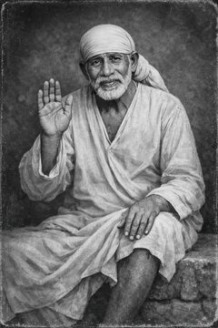 Black and White Portrait of Sai Baba Blessing Devotees with Raised Hand
