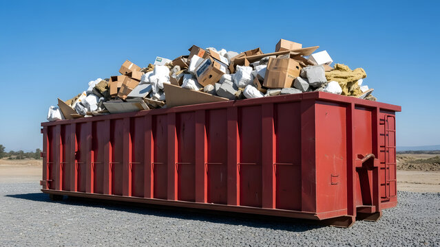 Overflowing red roll-off dumpster filled with construction debris | Waste management skip container overloaded with cardboard and rock | Large industrial garbage bin at demolition site