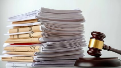 A stack of legal documents next to a wooden gavel, representing law, justice, and legal proceedings.
