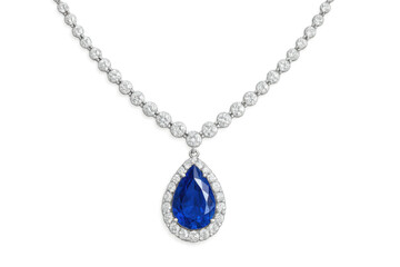 Elegant diamond necklace showcasing a deep blue sapphire pear pendant. High-end jewelry embodying wealth, fashion, and luxury