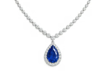 Elegant diamond necklace showcasing a deep blue sapphire pear pendant. High-end jewelry embodying wealth, fashion, and luxury