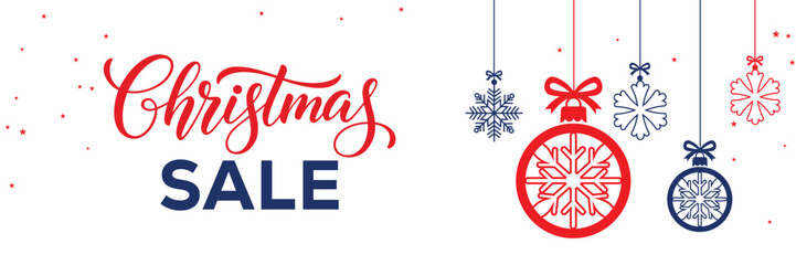 Modern Christmas sale banner with elegant script and bold SALE typography on a white background, featuring red and blue hanging snowflake ornaments, perfect for end of season winter holiday promotions © bibin