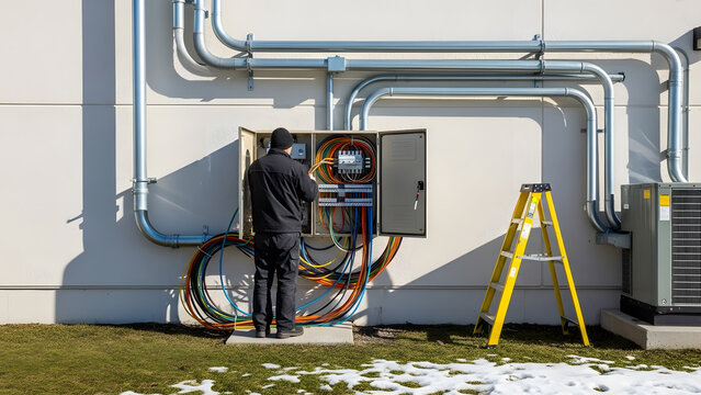 Professional electrician wiring outdoor junction box at commercial facility | HVAC electrical service worker troubleshooting control panel wiring | Installing metallic conduit and colored cables