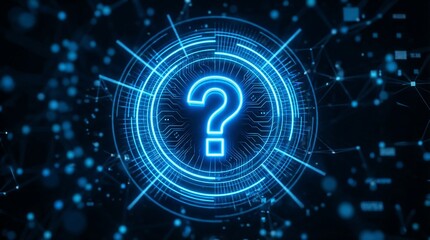 Futuristic glowing blue question mark on a circuit board background, representing uncertainty and inquiry in technology and innovation