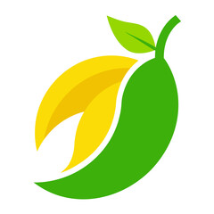 A stylized illustration of a green and yellow mango with a leaf
