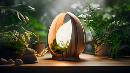 Warm-Tone LED Lamp on Wooden Desk with Greenery
