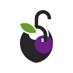 A stylized logo of a fruit with a hook and leaf design element