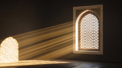 Sunlight streaming through an ornate islamic arched window