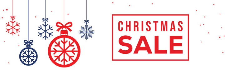 Modern Christmas sale banner with elegant script and bold SALE typography on a white background, featuring red and blue hanging snowflake ornaments, perfect for end of season winter holiday promotions © bibin