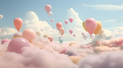 Whimsical pastel balloons floating with tiny figures resting on soft cotton clouds