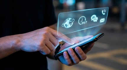 Person interacting with smartphone and futuristic interface