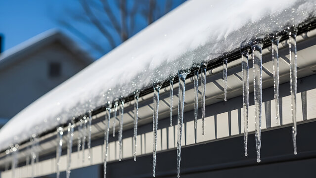 Sparkling icicles hanging from snowy residential roof | Close-up of crystal clear ice formations against blue winter sky | Bright sunlight melting snow causing shimmering dripping water 