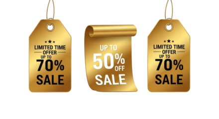 Golden sale tags with limited time offer and up to 70% discount, isolated on transparent background