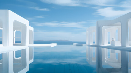White architectural structure mirrored on still blue water under open sky