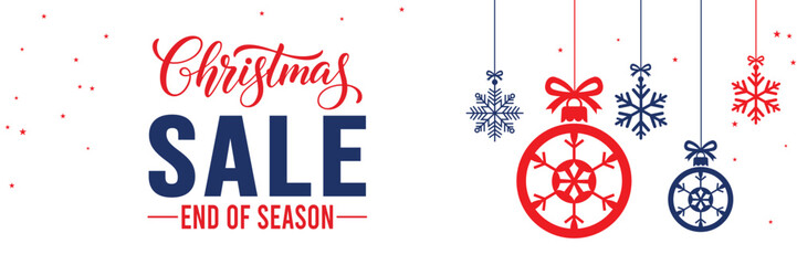 Modern Christmas sale banner with elegant script and bold SALE typography on a white background, featuring red and blue hanging snowflake ornaments, perfect for end of season winter holiday promotions © bibin