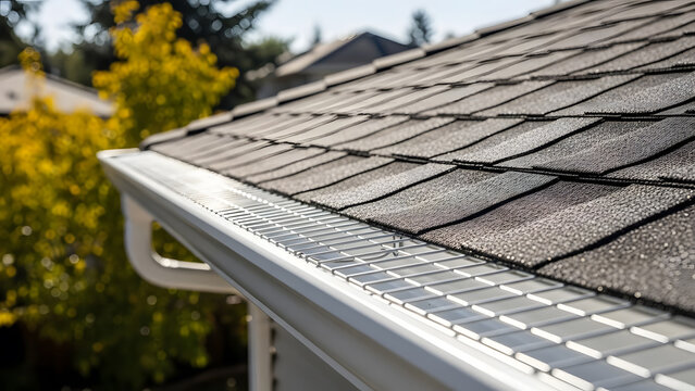 Close-up of residential asphalt shingle roof and gutter guard installation | White seamless rain gutter with leaf protection mesh screen | Home exterior maintenance and water management systems