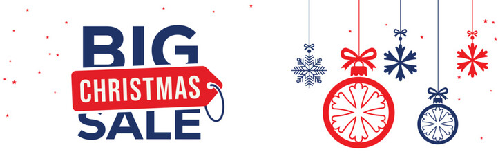 Modern Christmas sale banner with elegant script and bold SALE typography on a white background, featuring red and blue hanging snowflake ornaments, perfect for end of season winter holiday promotions © bibin