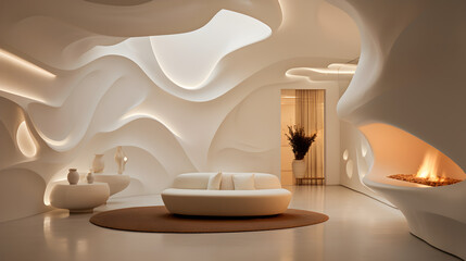 White sculptural walls with curved forms and ambient warm lighting