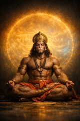 Lord Hanuman Meditating in Lotus Pose with Golden Aura and Sanskrit Script