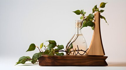 Wooden bottle pump with eco-style props and leaves
