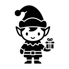 Cute Black Elf Character Holding Gift Icon on White Background