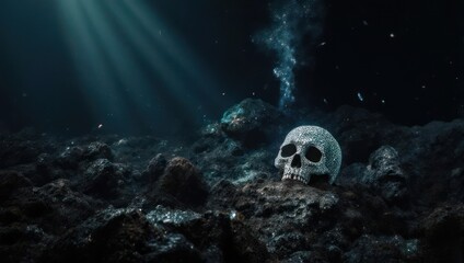 Eerie Underwater Skull Scene with Dramatic Lighting and Dark Atmosphere.