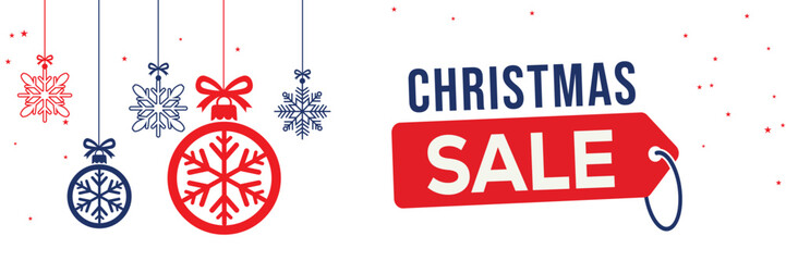 Modern Christmas sale banner with elegant script and bold SALE typography on a white background, featuring red and blue hanging snowflake ornaments, perfect for end of season winter holiday promotions