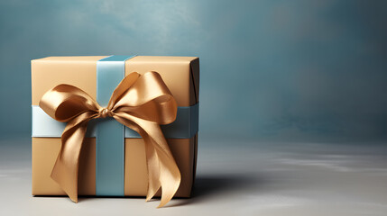 Wrapped present with blue ribbon bow on tan surface