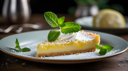 Zesty Lemon Tart Sprinkled with Sugar and Fresh Mint on White Plate