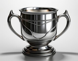 A single empty silver trophy cup with a handle stands isolated on a black background, featuring a clean steel finish as a sleek kitchen object