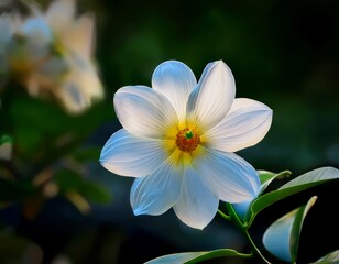 A beautiful white dahlia flower with a yellow center blooms in a lush garden meadow, showcasing delicate petals and natural flora in a stunning macro closeup
