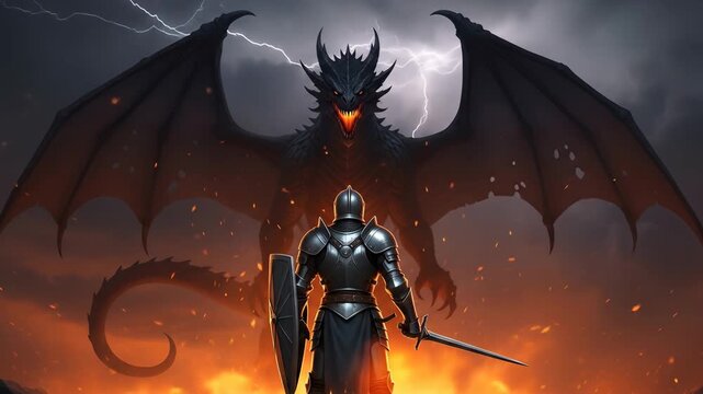 Knight faces intimidating dragon in fiery battle with lightning strikes backdrop in fantasy scenery