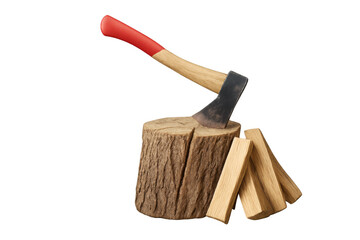 Wood chopping setup with an axe stuck in a log, preparing firewood planks, isolated on transparent background