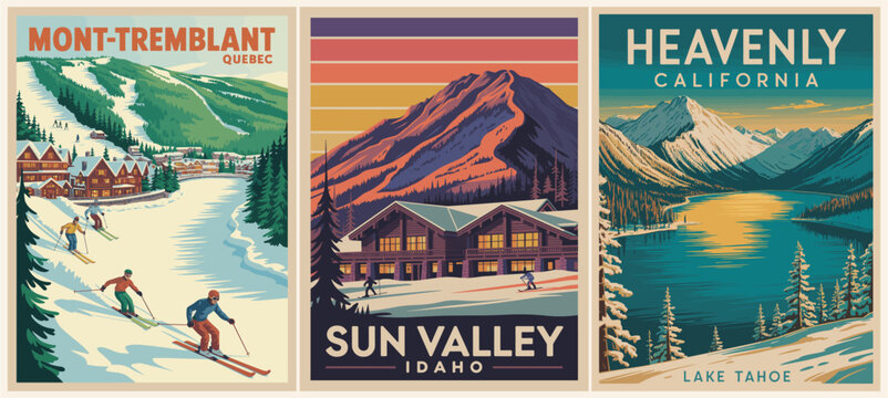Retro mid-century travel poster triptych featuring Mont Tremblant Sun Valley and Heavenly Lake Tahoe ski resort destinations.