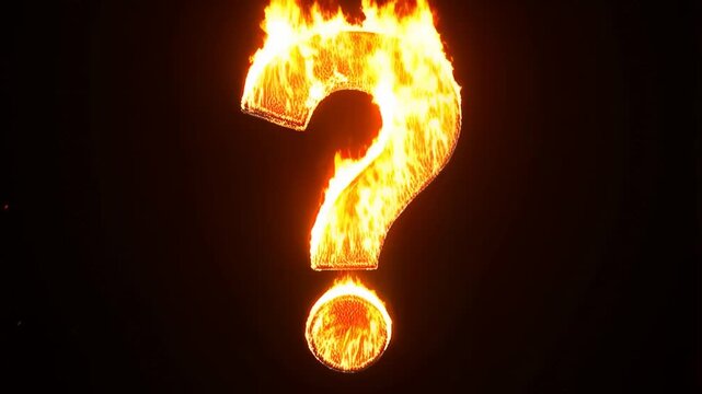 Fiery transformation of burning question mark into bright explosion against black background