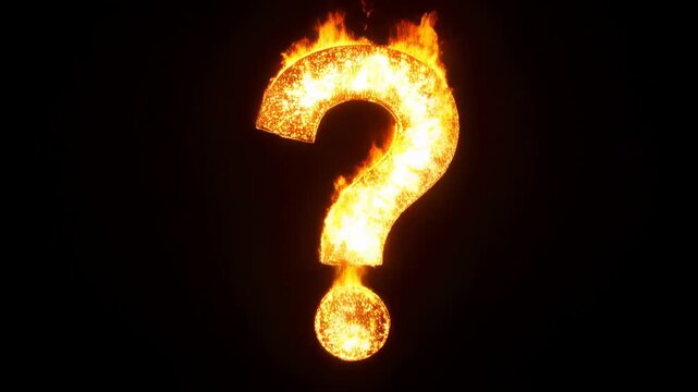 Burning question mark engulfed by fire explosion in dramatic sequence