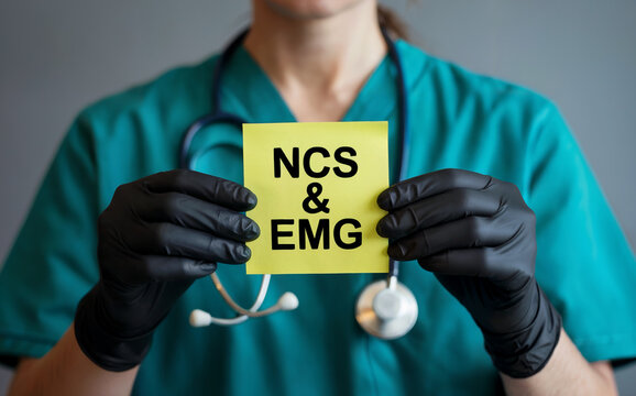 Doctor in Green Scrubs Holding Yellow Note with NCS and EMG Text