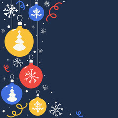 Holiday background for Christmas and New Year. Christmas tree balls, serpentine, and snowflakes on a blue background.