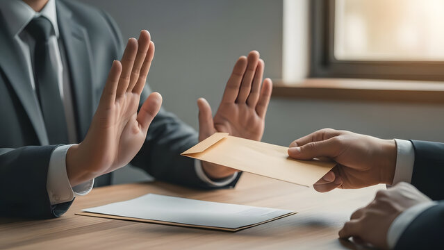 Anti Corruption Concept With Businessman Refusing Bribe.